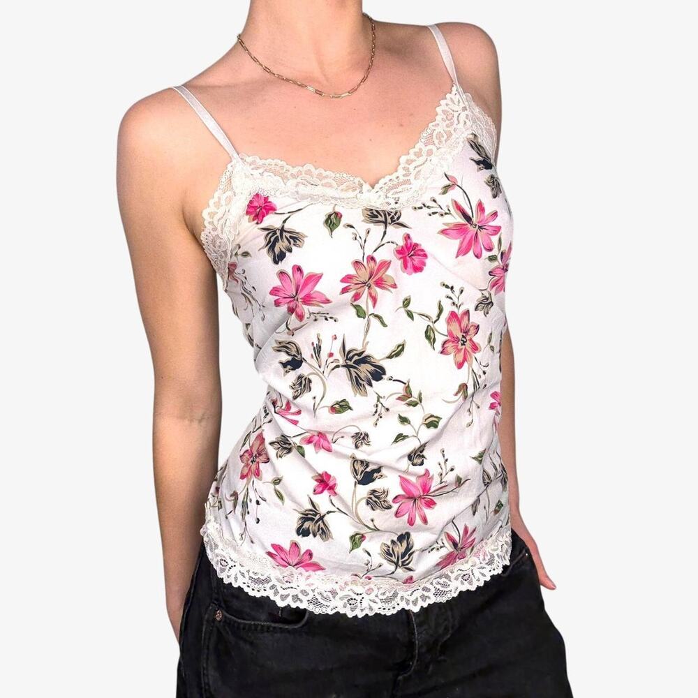 White floral lace cami tank top adjustable straps Y2K - fits like size small
